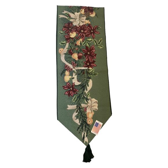 Poinsettia Christmas Table Runner Woven Tapestry Candles Bow Garland NWT 13x72" - Picture 7 of 10